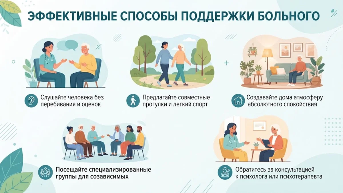 Инфографика: эффективные способы поддержки больного, включающие внимательное слушание, совместные прогулки, создание спокойной атмосферы дома, посещение групп для созависимых и консультации психотерапевта.